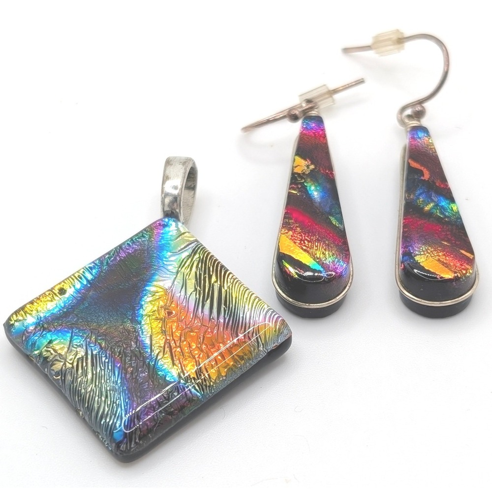 Dichroic Glass Jewelry Set Iridescent Rainbow Pendant and Teardrop Earrings